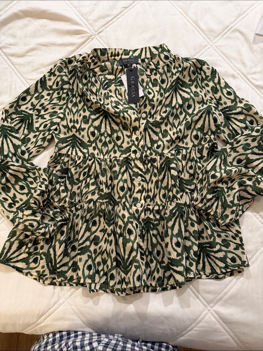 Gracia Green Ikat Print Peplum Blouse